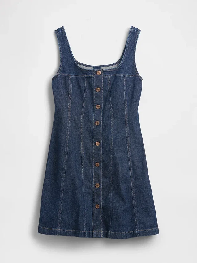 Robe mini en denim à coutures apparentes et boutons sur le devant