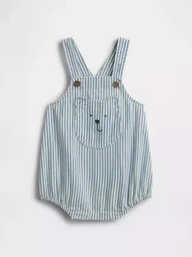 Salopette bouffante à rayures en denim pour bébé avec poche ours
