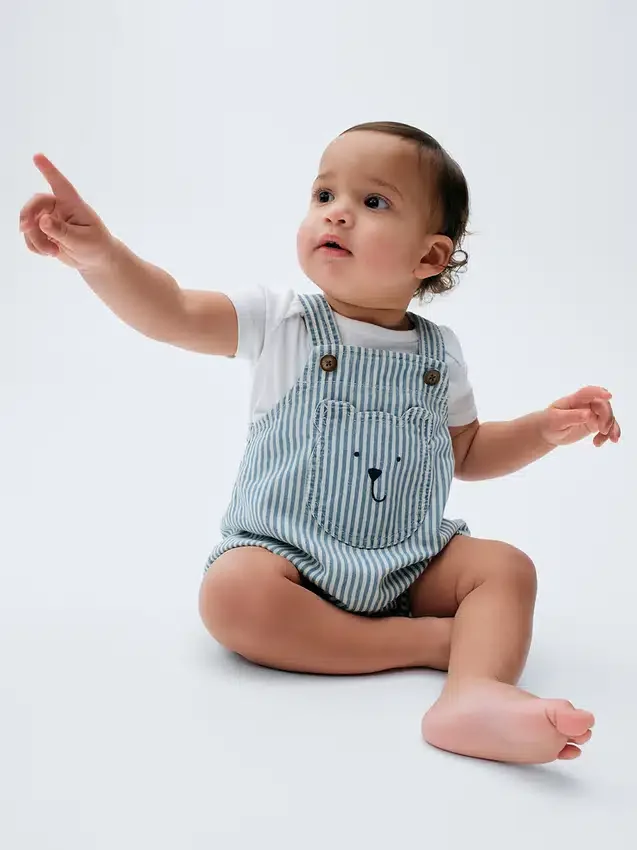 Salopette bouffante à rayures en denim pour bébé avec poche ours
