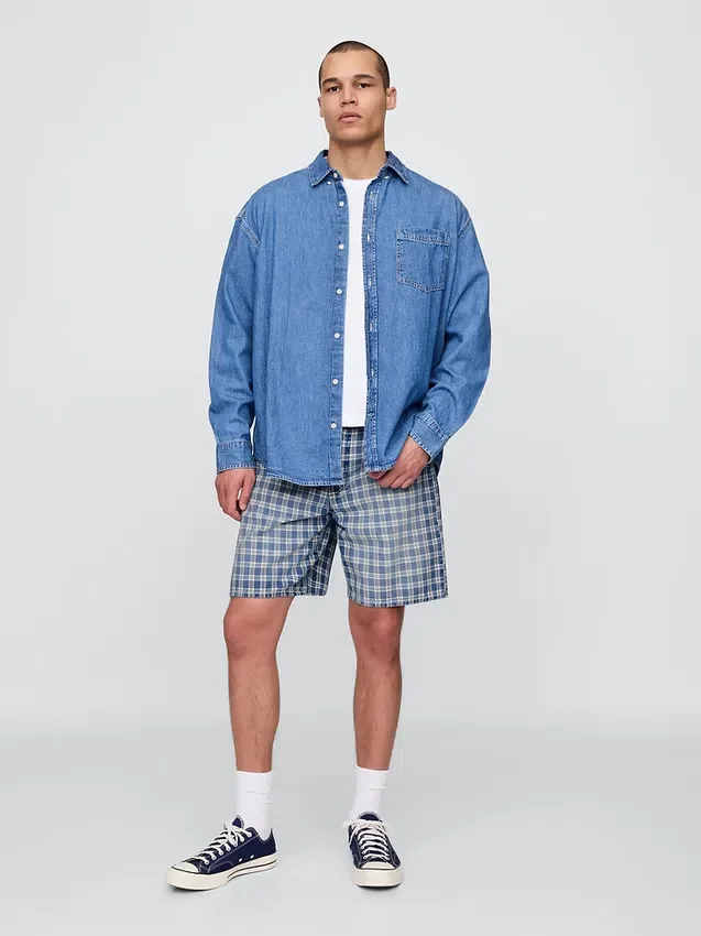 Short ample en denim à carreaux style années 90