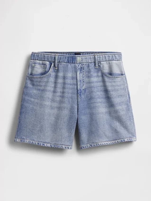 Shorts décontracté en jersey imprimé effet denim, taille mi-haute de 5"