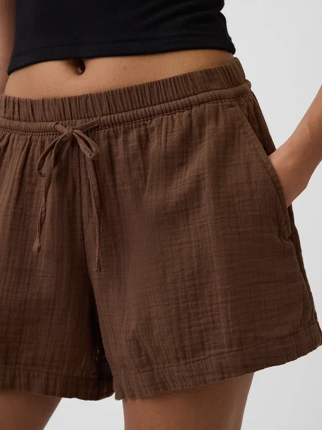 Shorts décontractés en gaze de coton à taille mi-haute de 4"