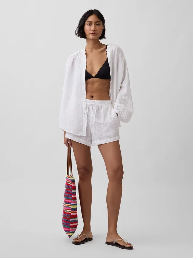 Shorts décontractés en gaze de coton à taille mi-haute de 4"