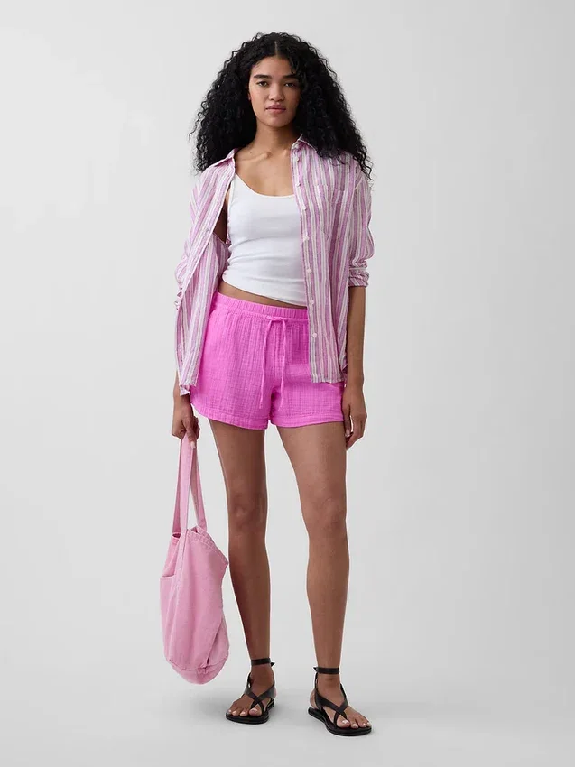 Shorts décontractés en gaze de coton à taille mi-haute de 4"