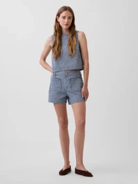 Shorts en denim droit décontracté à carreaux vichy, taille haute de 3,5"