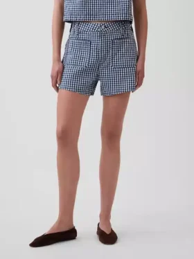 Shorts en denim droit décontracté à carreaux vichy, taille haute de 3,5″