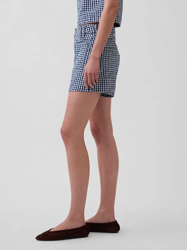 Shorts en denim droit décontracté à carreaux vichy, taille haute de 3,5"