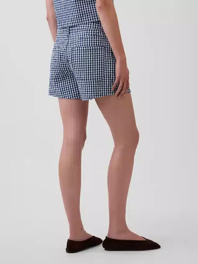 Shorts en denim droit décontracté à carreaux vichy, taille haute de 3,5"