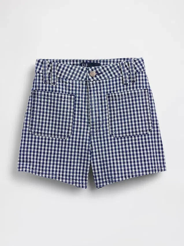 Shorts en denim droit décontracté à carreaux vichy, taille haute de 3,5"