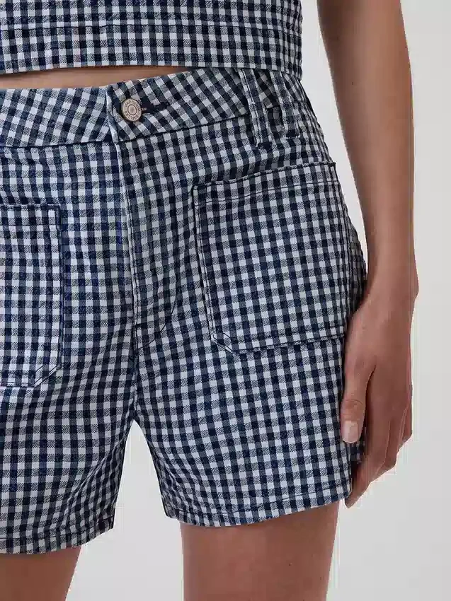 Shorts en denim droit décontracté à carreaux vichy, taille haute de 3,5"