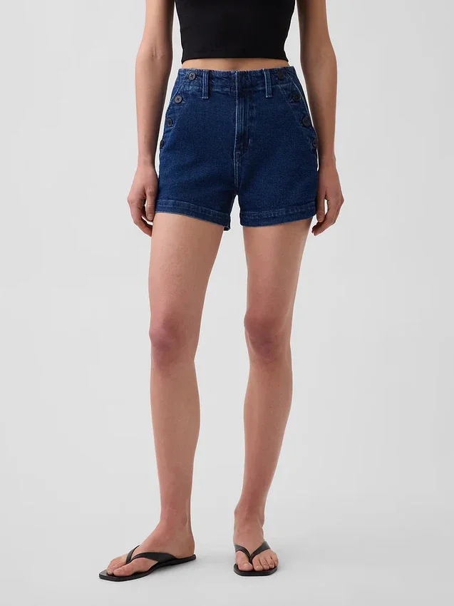 Shorts en denim droit décontracté style marin à taille haute de 3,5"