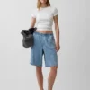 Shorts en denim ultra-doux à rayures, coupe longue, taille mi-haute, 11"