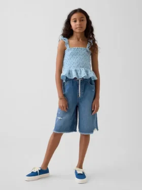 Shorts en denim ultra-doux à taille basse et coupe longue pour enfants