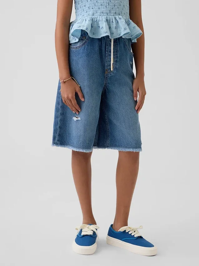Shorts en denim ultra-doux à taille basse et coupe longue pour enfants