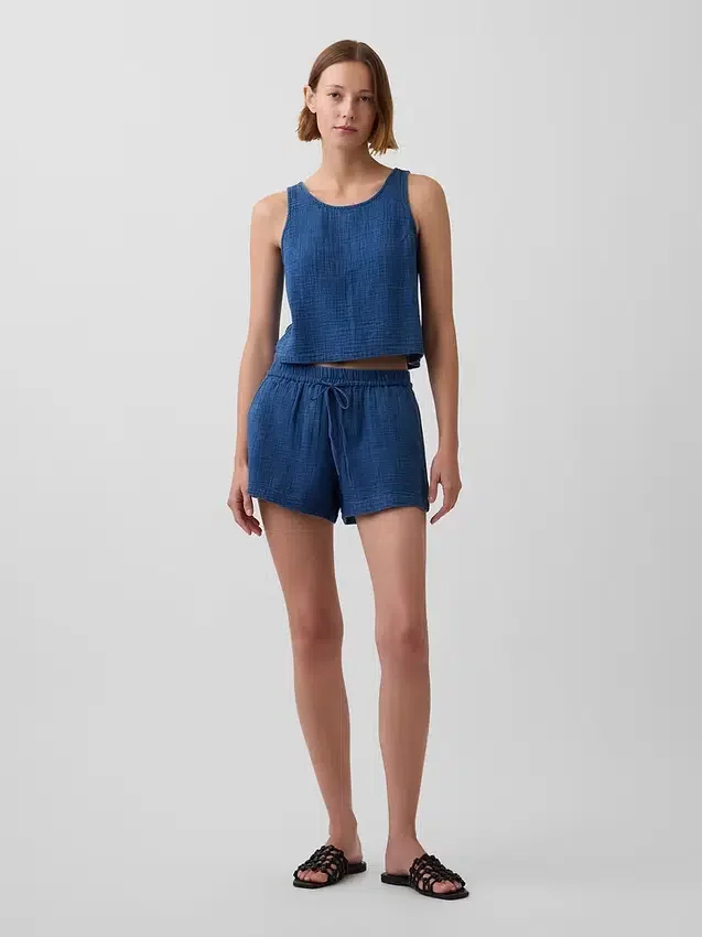 Shorts facile à enfiler en denim de gaze de coton 4"