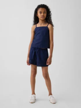 Shorts facile à enfiler pour enfant en lin et coton avec bordure en dentelle