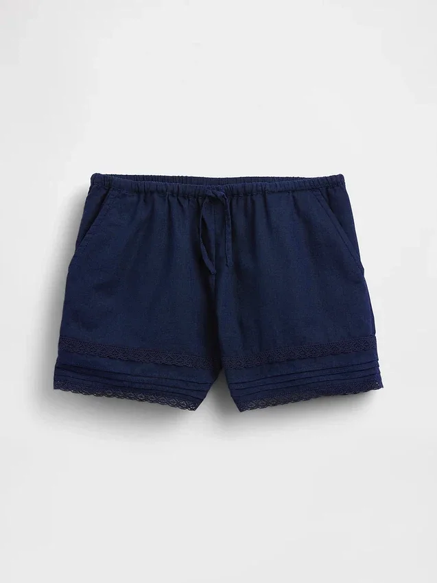Shorts facile à enfiler pour enfant en lin et coton avec bordure en dentelle