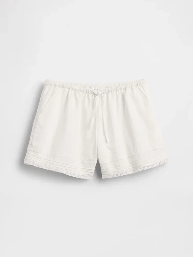 Shorts facile à enfiler pour enfant en lin et coton avec bordure en dentelle