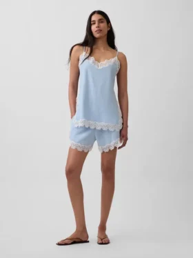Shorts taille mi-haute de 4" en mélange de lin avec bordure en dentelle
