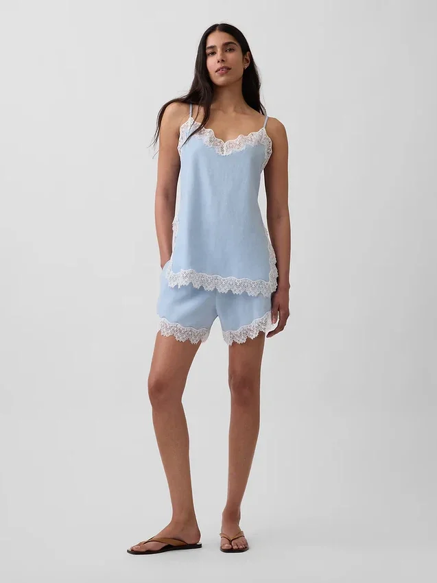 Shorts taille mi-haute de 4" en mélange de lin avec bordure en dentelle