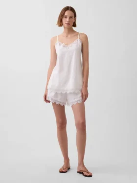 Shorts taille mi-haute de 4" en mélange de lin avec bordure en dentelle