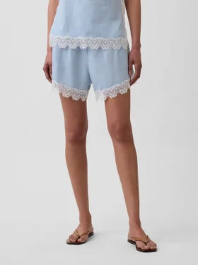 Shorts taille mi-haute de 4″ en mélange de lin avec bordure en dentelle