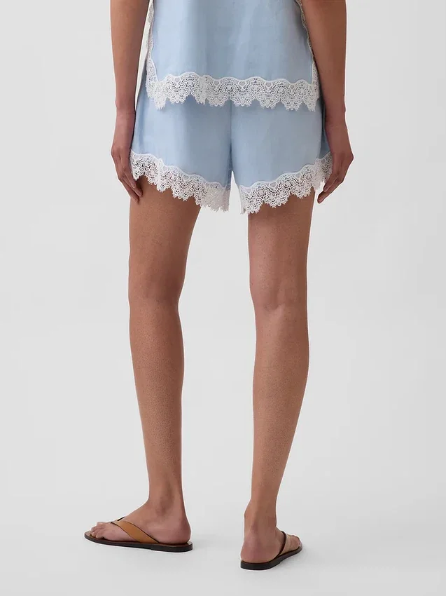Shorts taille mi-haute de 4" en mélange de lin avec bordure en dentelle