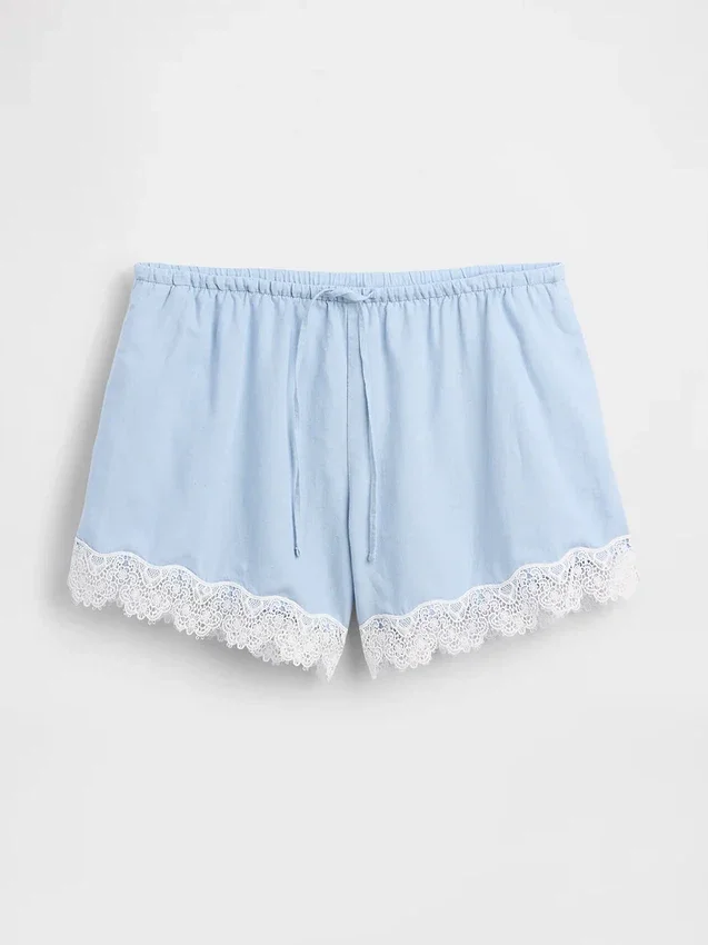 Shorts taille mi-haute de 4" en mélange de lin avec bordure en dentelle