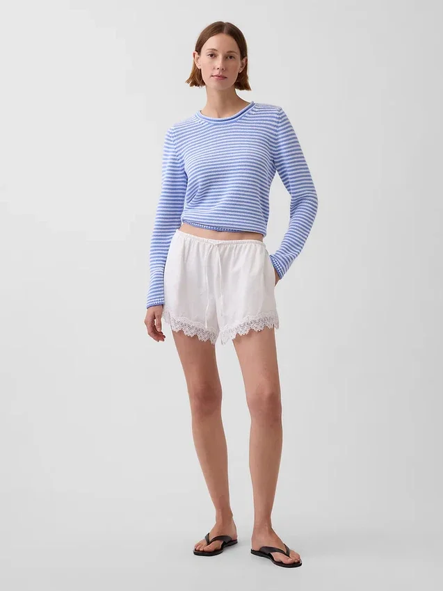 Shorts taille mi-haute de 4" en mélange de lin avec bordure en dentelle