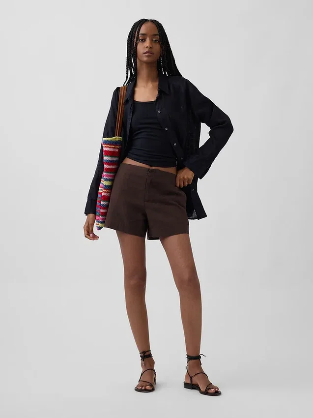Shorts taille mi-haute en mélange de lin, 4"