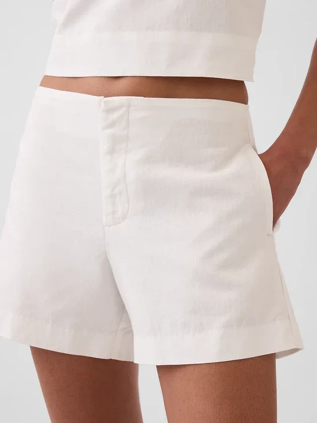 Shorts taille mi-haute en mélange de lin, 4"