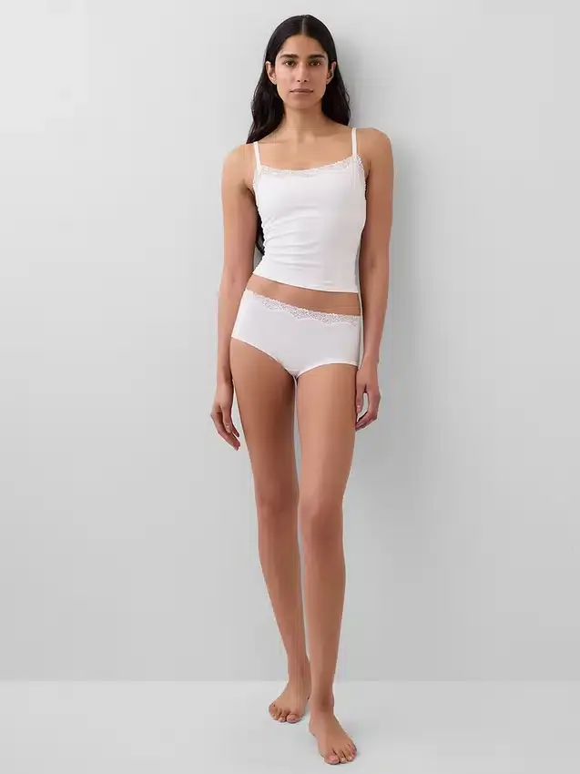 Shorty en coton stretch bio avec bordure en dentelle