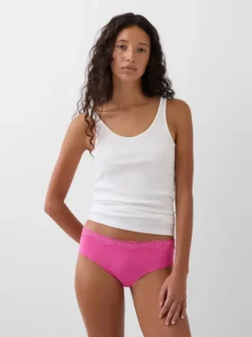 Slip taille basse en coton stretch bio avec bordure en dentelle