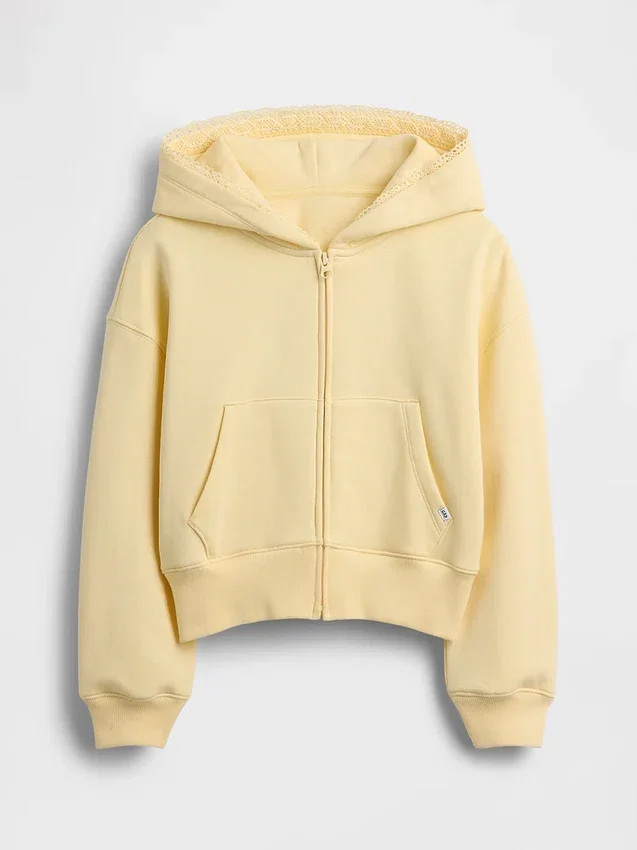 Sweat à capuche zippé ample pour enfant Vintagesoft avec bordure en dentelle