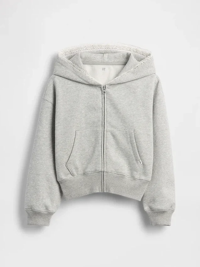 Sweat à capuche zippé ample pour enfant Vintagesoft avec bordure en dentelle