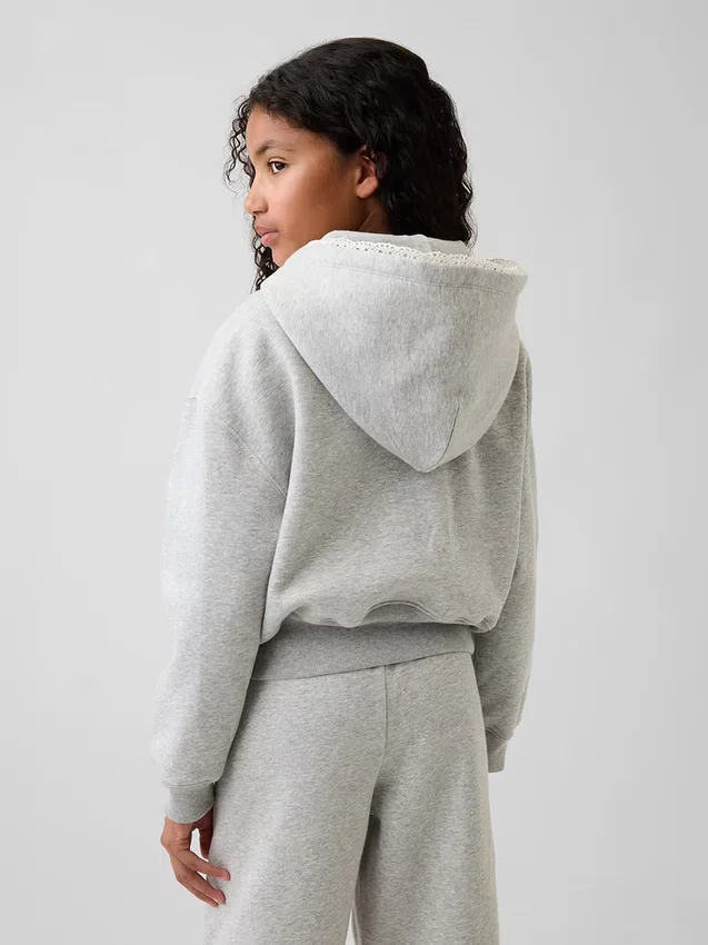 Sweat à capuche zippé ample pour enfant Vintagesoft avec bordure en dentelle