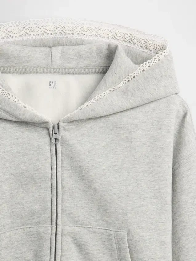 Sweat à capuche zippé ample pour enfant Vintagesoft avec bordure en dentelle