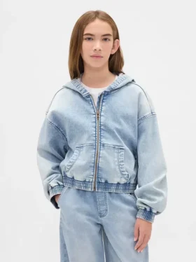 Sweat à capuche zippé en denim tricoté pour enfant