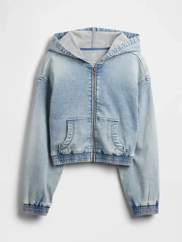 Sweat à capuche zippé en denim tricoté pour enfant
