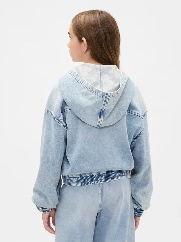Sweat à capuche zippé en denim tricoté pour enfant
