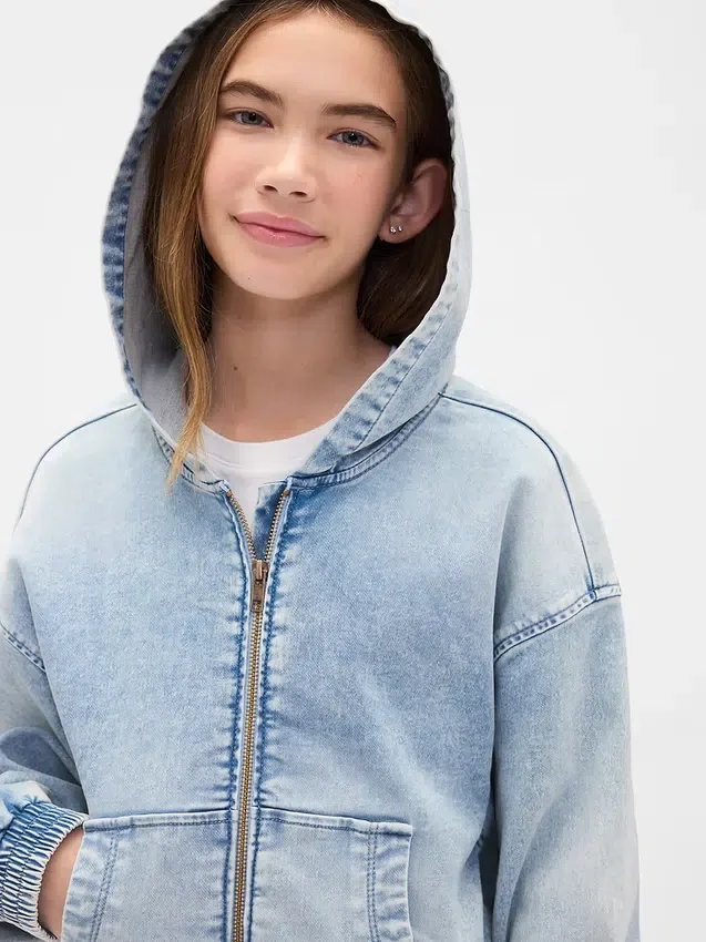 Sweat à capuche zippé en denim tricoté pour enfant