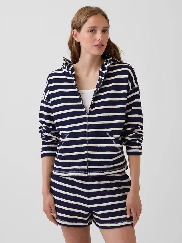 Sweat à capuche zippé oversize en tissu éponge à rayures
