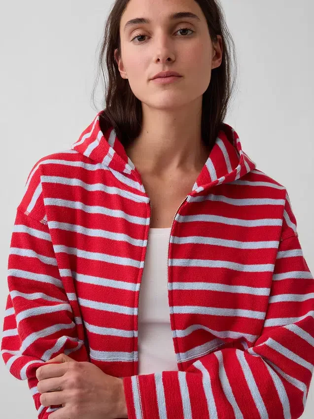 Sweat à capuche zippé oversize en tissu éponge à rayures