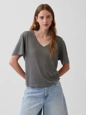 T-shirt ample à col en V en mélange de lin