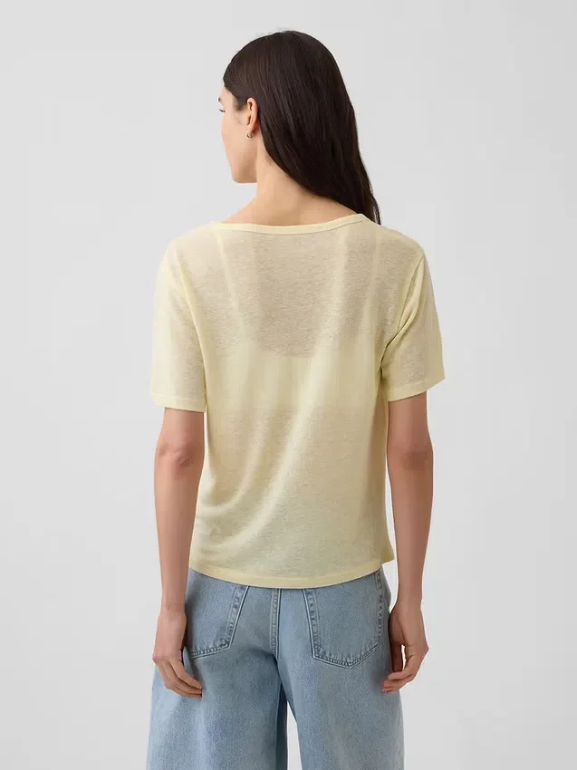 T-shirt ample à col en V en mélange de lin