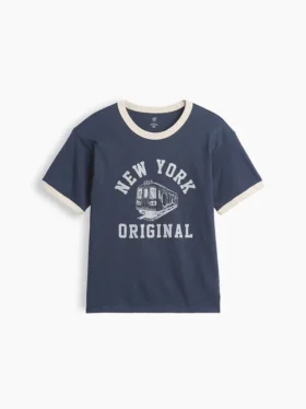 T-shirt à col rond et bordures contrastées pour enfant, imprimé « New York »