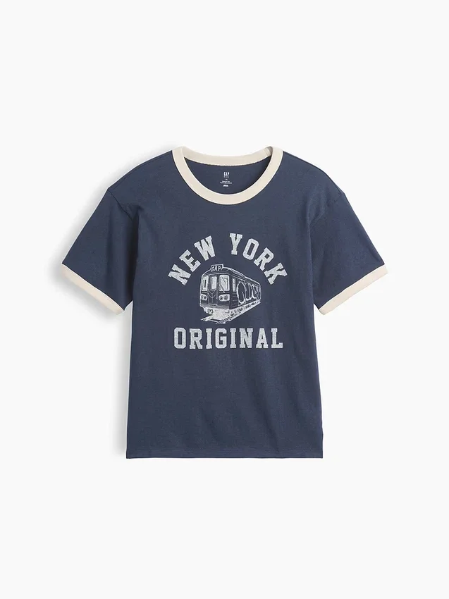 T-shirt à col rond et bordures contrastées pour enfant, imprimé « New York »