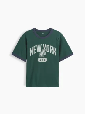T-shirt à col rond et bordures contrastées pour enfant, imprimé « New York »