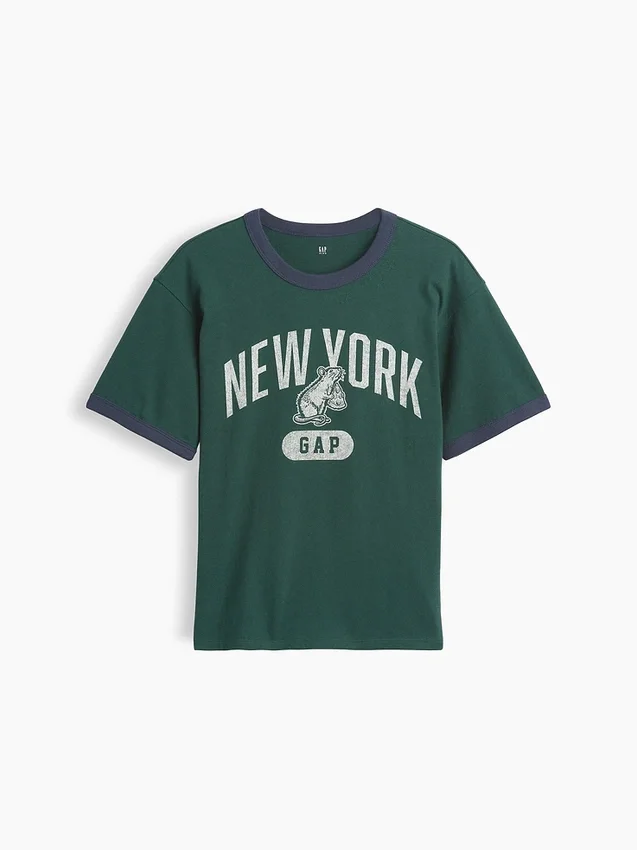 T-shirt à col rond et bordures contrastées pour enfant, imprimé « New York »