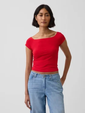 T-shirt court à épaules dénudées en jersey à mailles serrées
